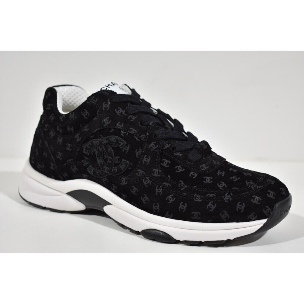 Chanel 22A Black Suede Printed CC Logo White Flat Runner Trainer Sneaker 36 - Picture 3 of 11